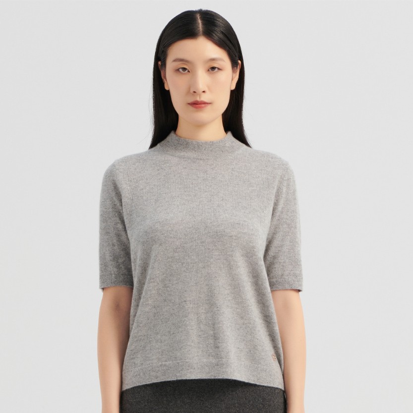 【100山羊绒】红太气质简约风舒适休闲半高领短袖女套衫101Z1514