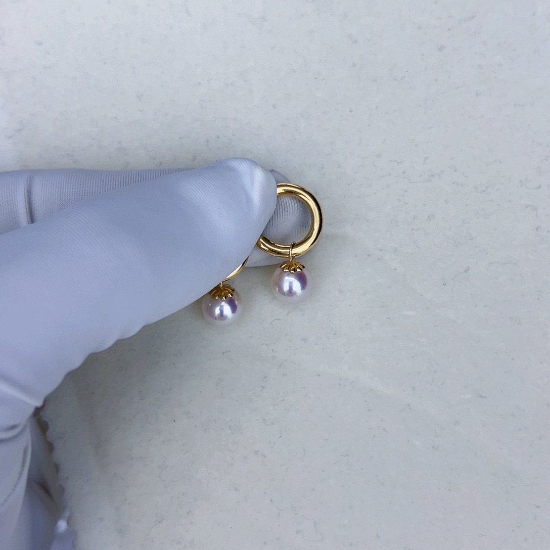 海水珍珠海水akoya许红豆耳扣7-8mm18K金镶嵌