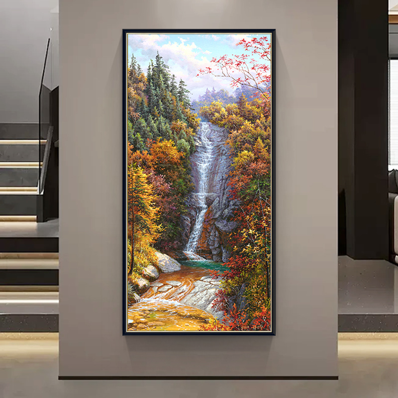 高山流水轻奢简约玄关装饰画山水画美式风景油画中式走廊入户挂画
