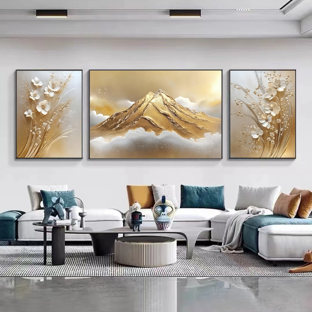 三联背景沙发墙画轻奢简约风格羽毛孔雀紫色大树东来客厅背景挂画