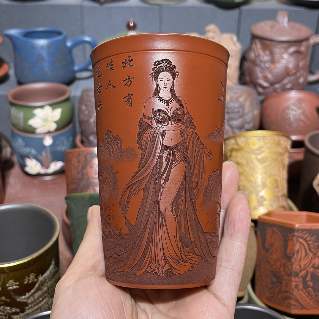 原矿朱泥大红袍刻绘美人紫砂主人杯260ml大容量可乐杯纯手工茶杯