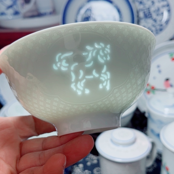 青花玲珑5寸饭碗三星。马
