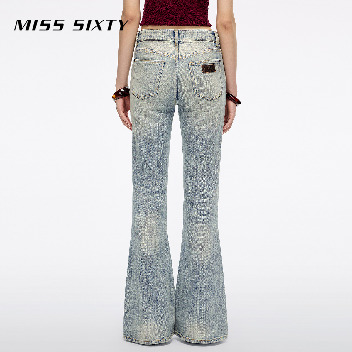 Miss Sixty2025新款牛仔裤女天使刺绣中腰复古洗水微喇叭长裤