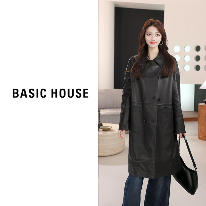 Basic House/百家好2025秋皮风衣长款外套女B1295B5J522（衣长95）