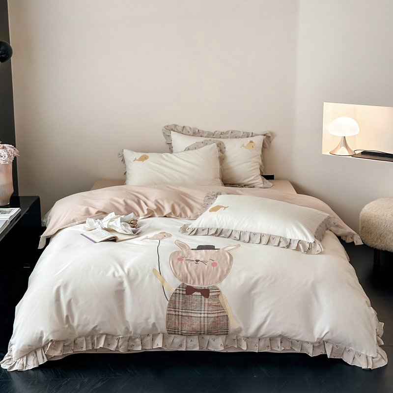 自在家丨绅士兔  韩式花边刺绣全棉双层纱四件套纯棉小清新三件套