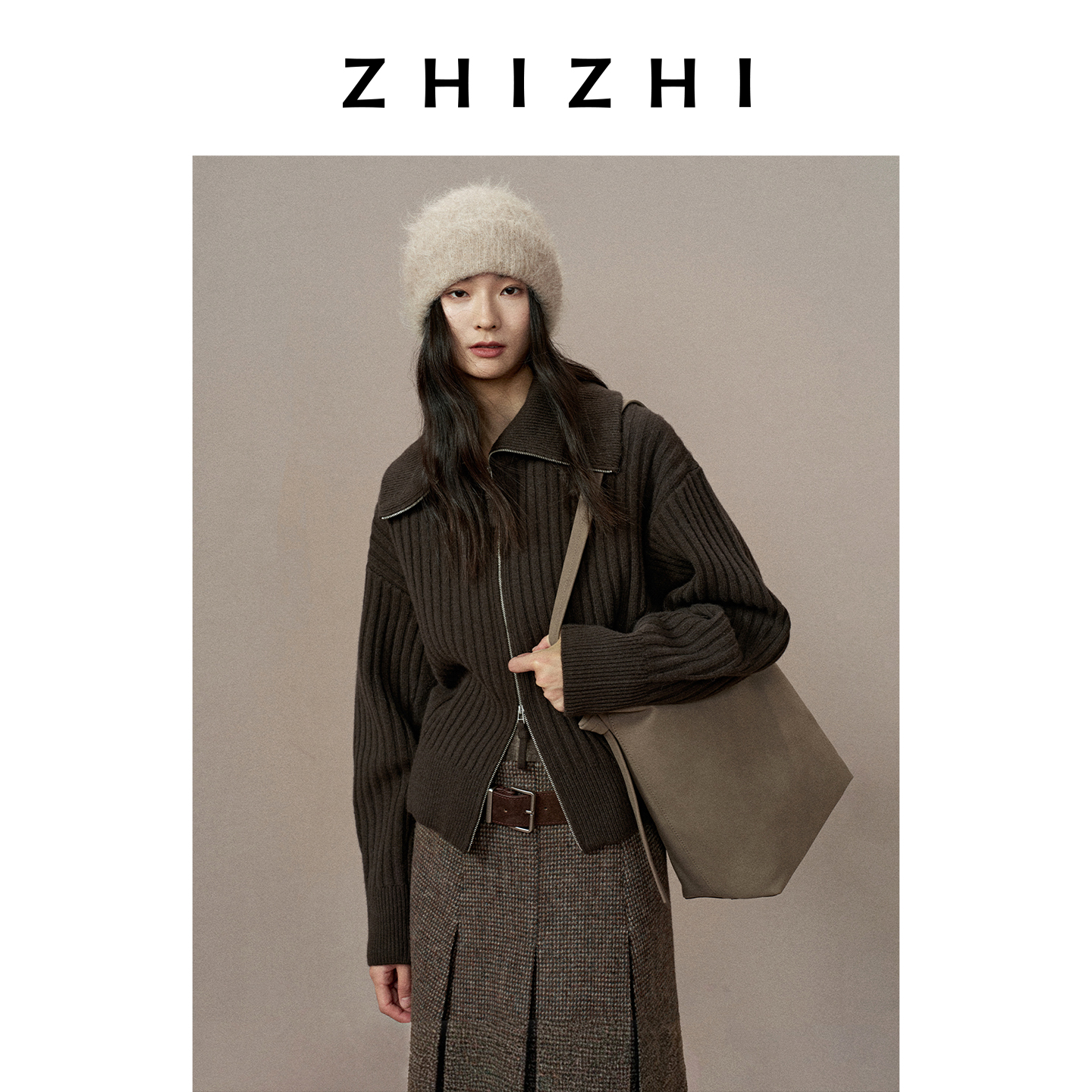 致知 山黛远 大翻领坑条纹理双拉链针织开衫高级25冬ZZ2EWKGN168