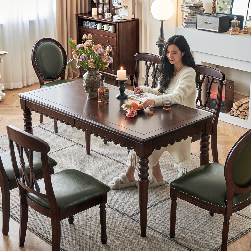 法式中古风全实木餐桌带抽屉长方形饭桌家用餐厅复古桌子法式餐桌