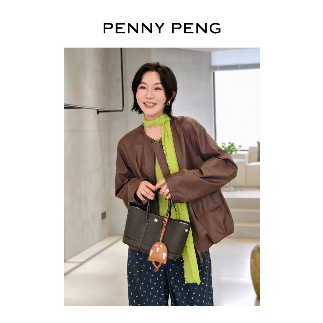 PENNYPENG荒诞主义夏季新款红棕色气质简约小众洋气圆领拉链外套