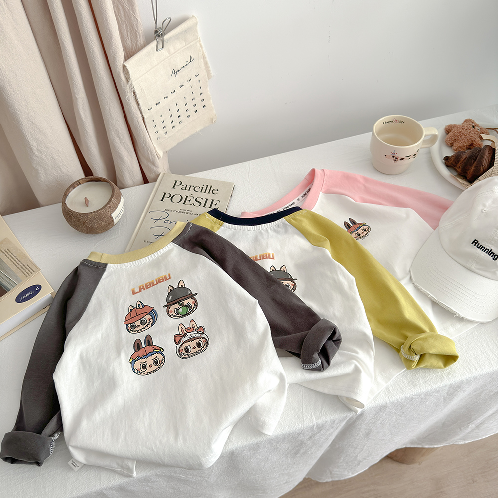 【高品质】儿童纯棉插肩T恤男童韩版套头打底衫女童拼色圆领内搭