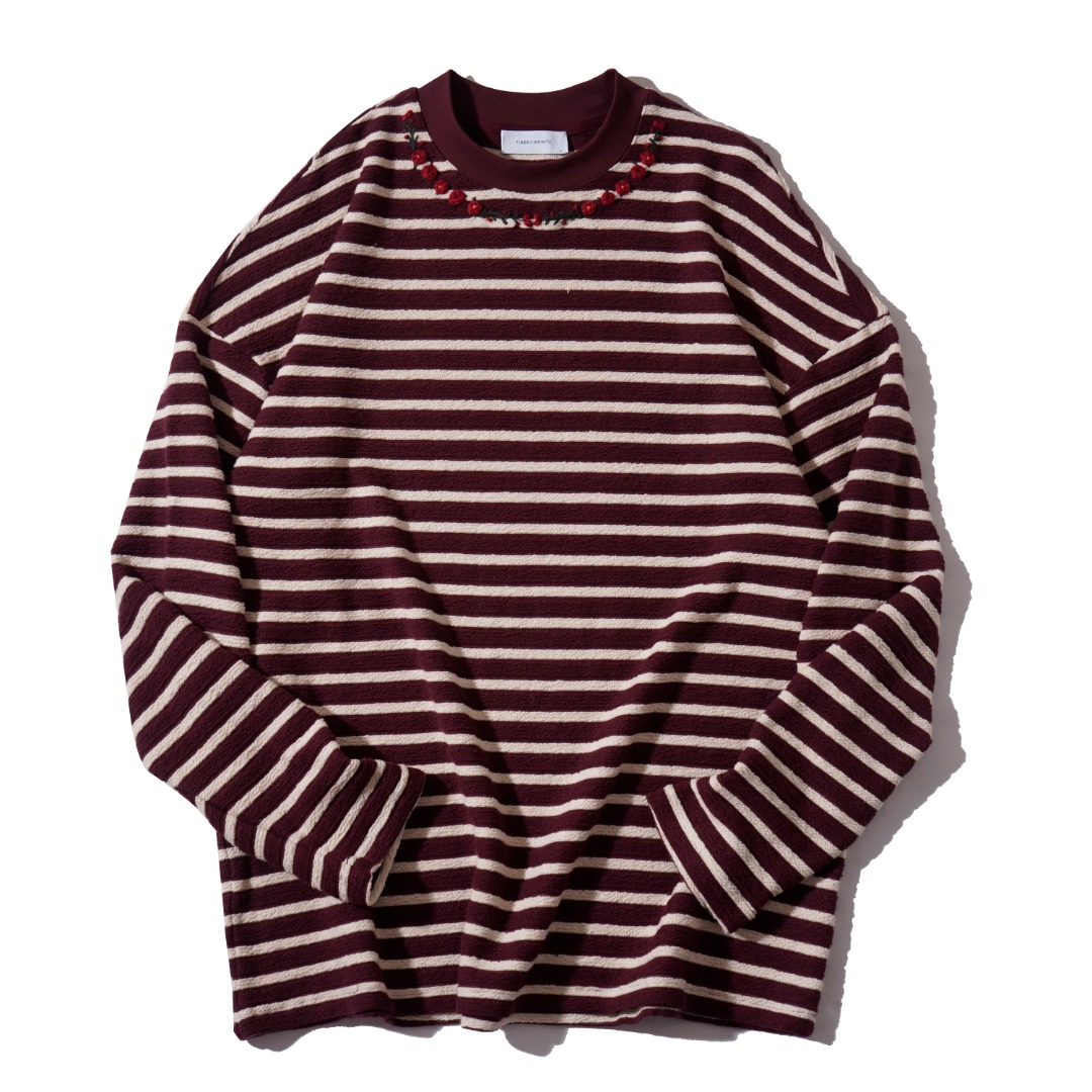 手工绣花  民族风条纹圆领宽松长袖t恤 9016