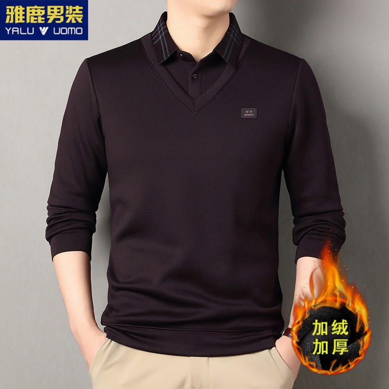 【抗起球+加绒加厚假两件】雅鹿男装保暖毛衣高档休闲上衣潮针织衫