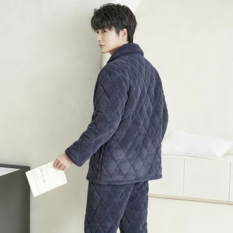 芬腾男款睡衣冬季三层加棉加厚家居服套装可外穿