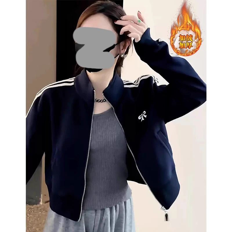 韩版三条杠短款外套女冬季加绒小个子独特超好看韩系chic别致上衣