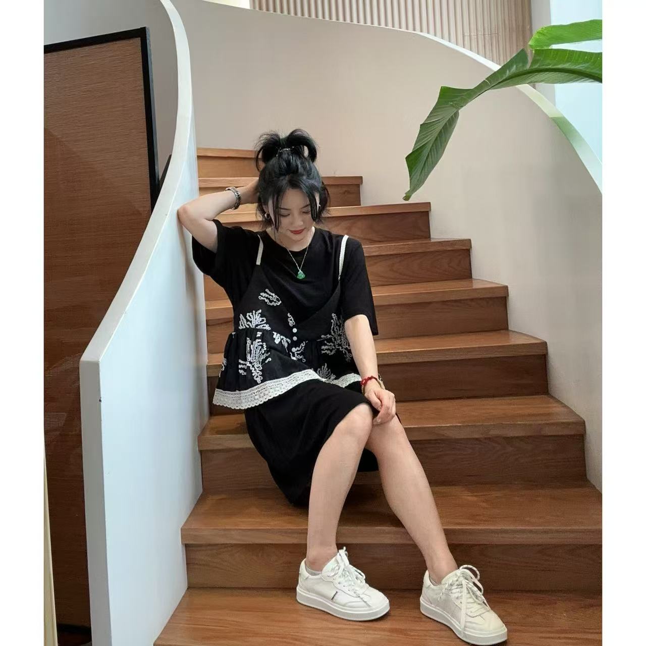 夏季真两件蕾丝碎花吊带T恤连衣裙5-6-22