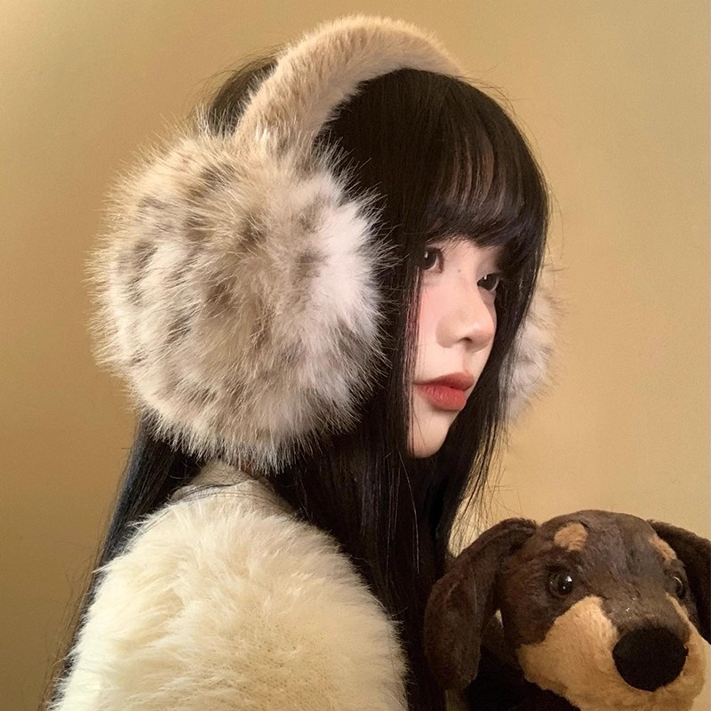 豹纹毛绒耳罩女冬季毛茸茸耳包耳套骑车防冻防寒保暖耳暖耳捂子