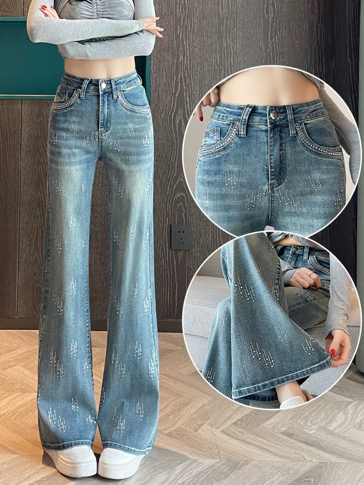 7）《过款链接以直播为准》春夏烫钻薄款高腰显瘦百搭复古直筒牛仔裤