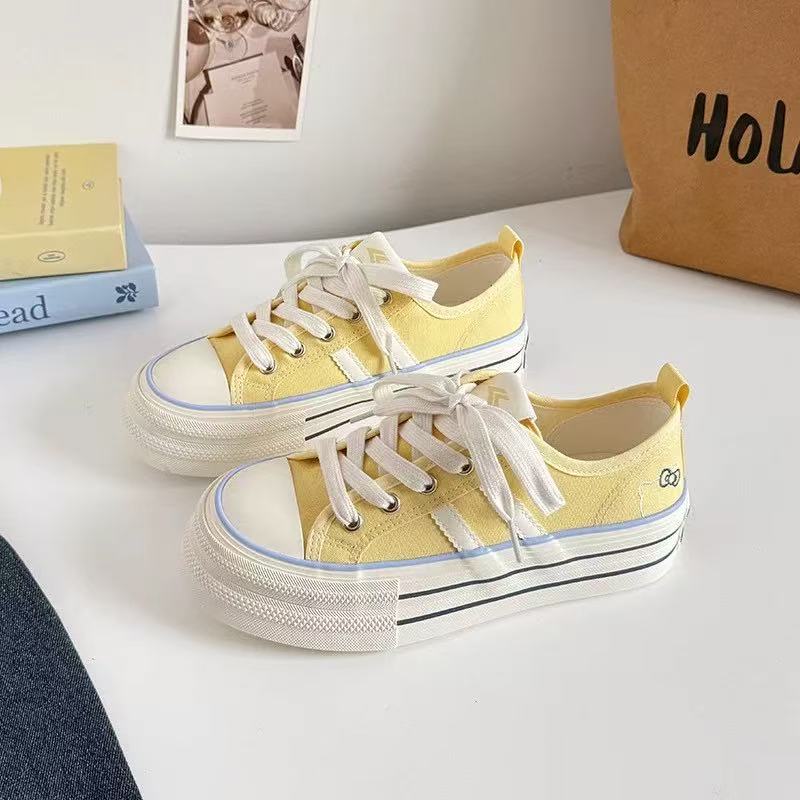 L-2550 黄色 韩系刺绣丑萌帆布鞋女2025新款增高百搭休闲板鞋