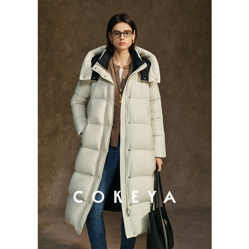 COKEYA/轻量“暖宝宝”~90白鹅绒立领加厚中长款连帽羽绒服女冬季