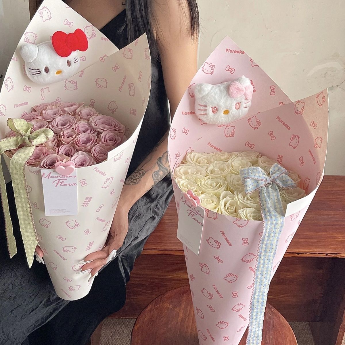 七夕新款KT猫一体式定型片冰淇淋甜筒鲜花花束包装纸花店花艺资材