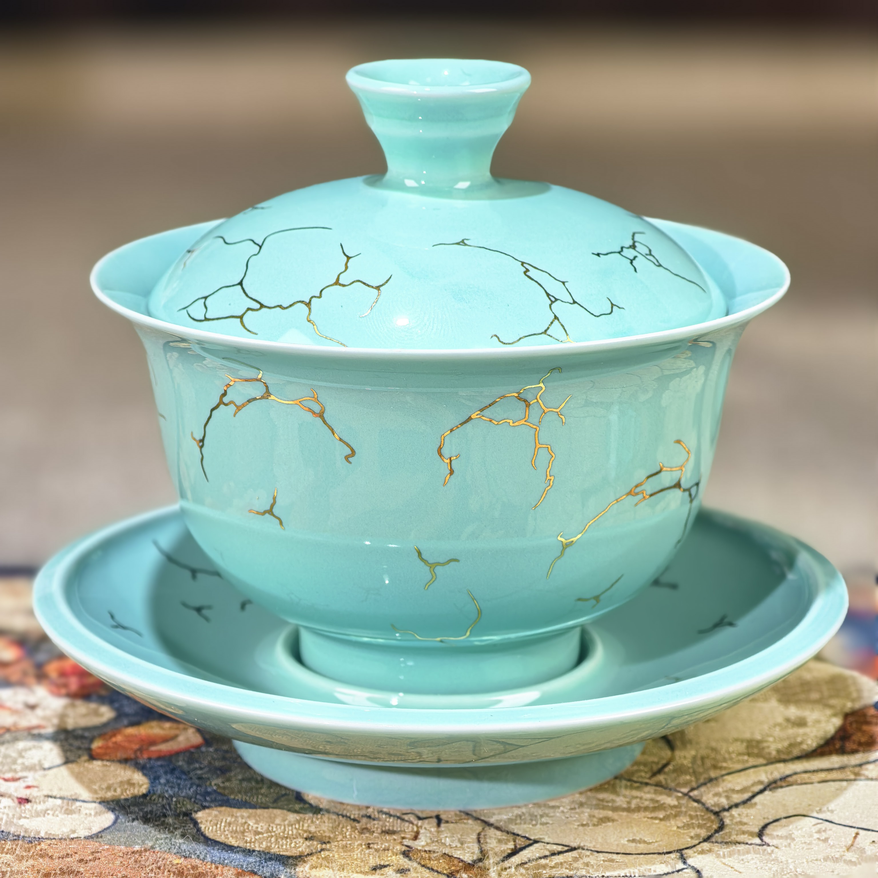 绿松釉金络三才盖碗B20124