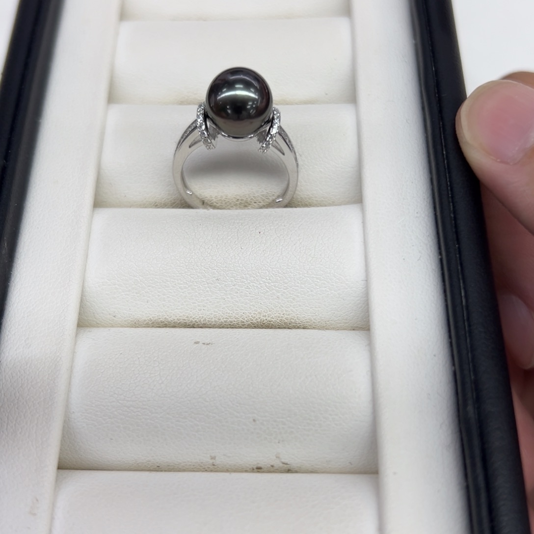 银S925镶嵌戒指海水珍珠9-10mm正圆大溪地戒指