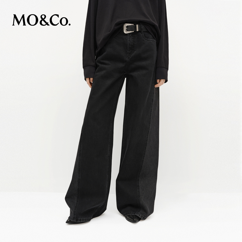 MOCO牛仔裤2025春新品重工染色洗褪高腰解构撞色阔腿裤MBE1JEN004