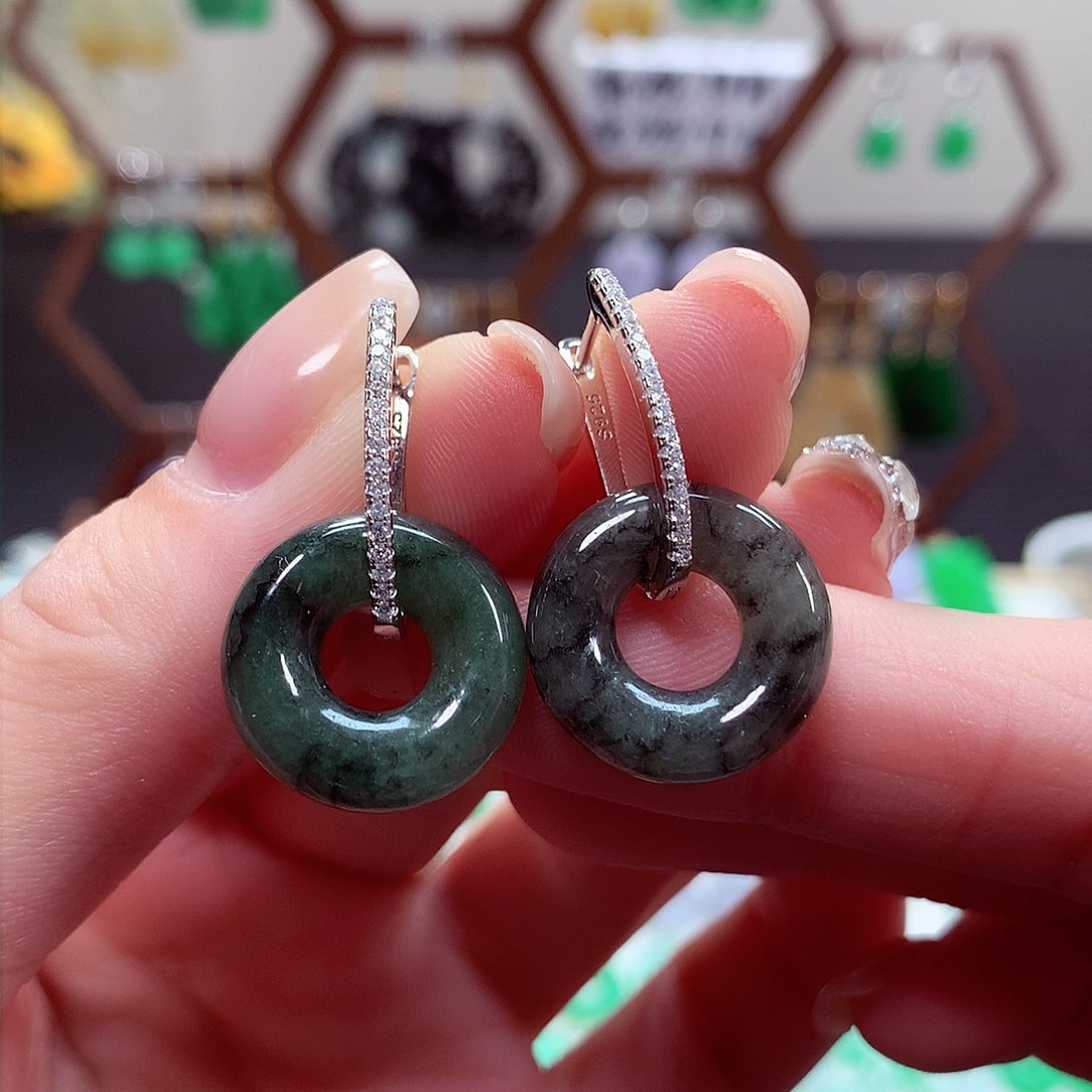 翡翠耳饰银S925镶嵌天然翡翠