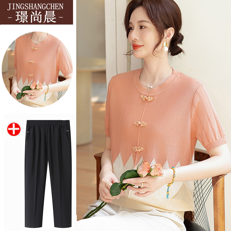 妈妈夏装短袖T恤时尚减龄针织小衫40-50岁中老年人女新款百搭上衣