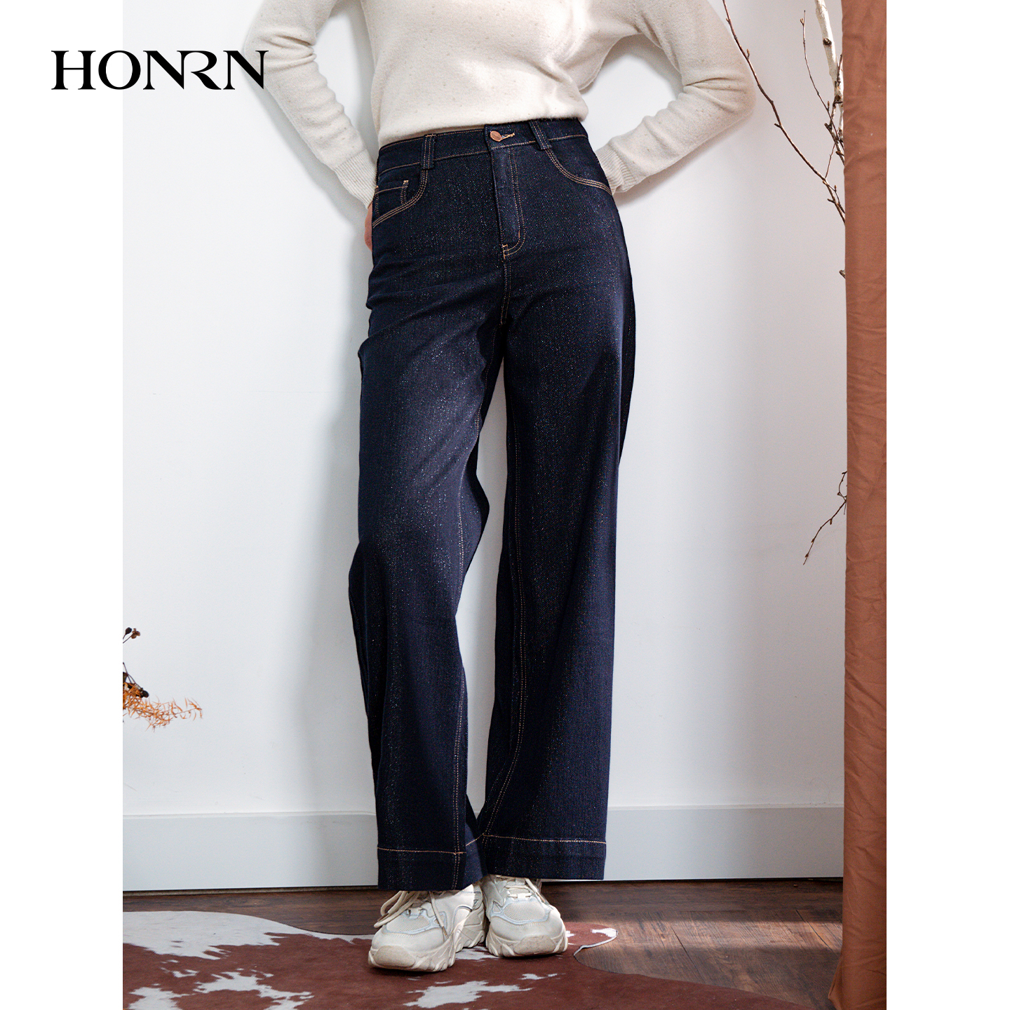 HONRN/红人宽松显瘦深蓝色直筒阔腿牛仔休闲裤女春秋HK39OK001