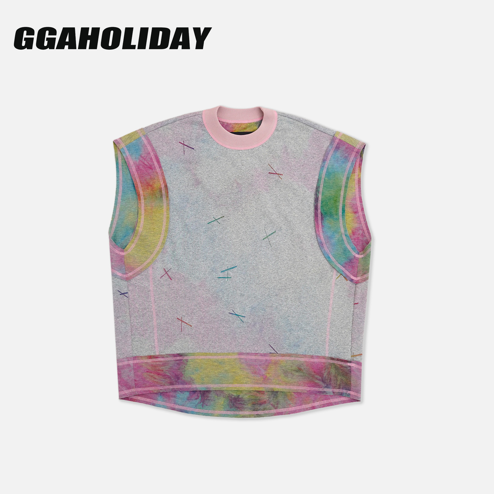 GGAHOLIDAY时尚休闲复古宽松潮流扎染撞色拼接无袖马甲-153164