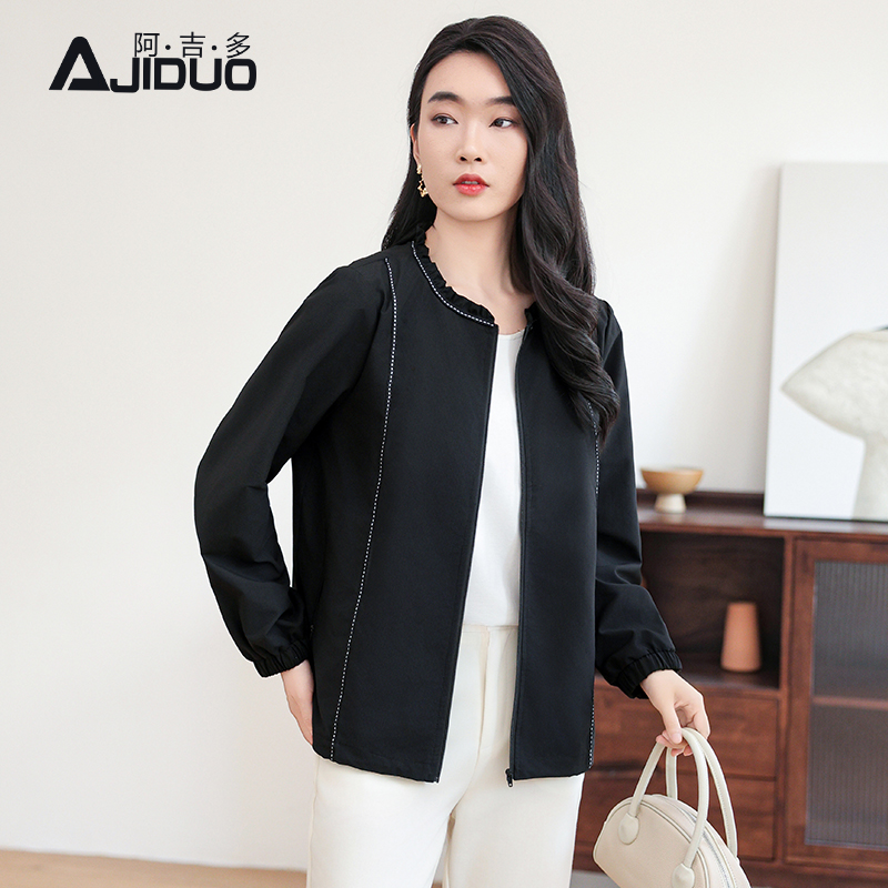 阿吉多黑色长袖外套女春季新款洋气休闲高级夹克大码时尚运动上衣