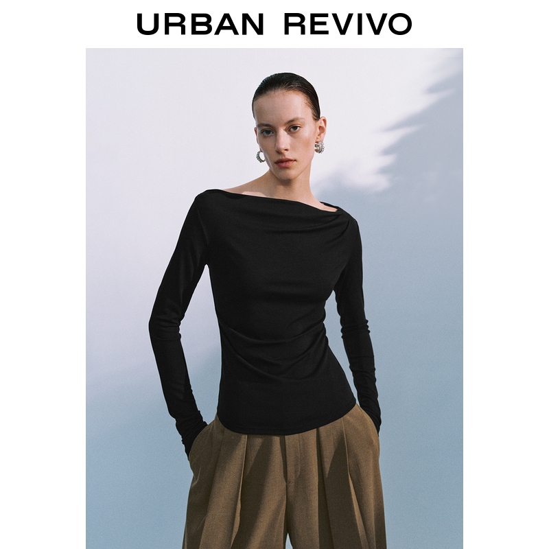 UR2025秋季新款女装气质斜肩领褶皱修身长袖T恤UWG450177