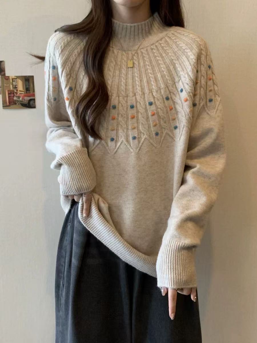 E444女士新款长袖球球格时尚修身百搭针织衫