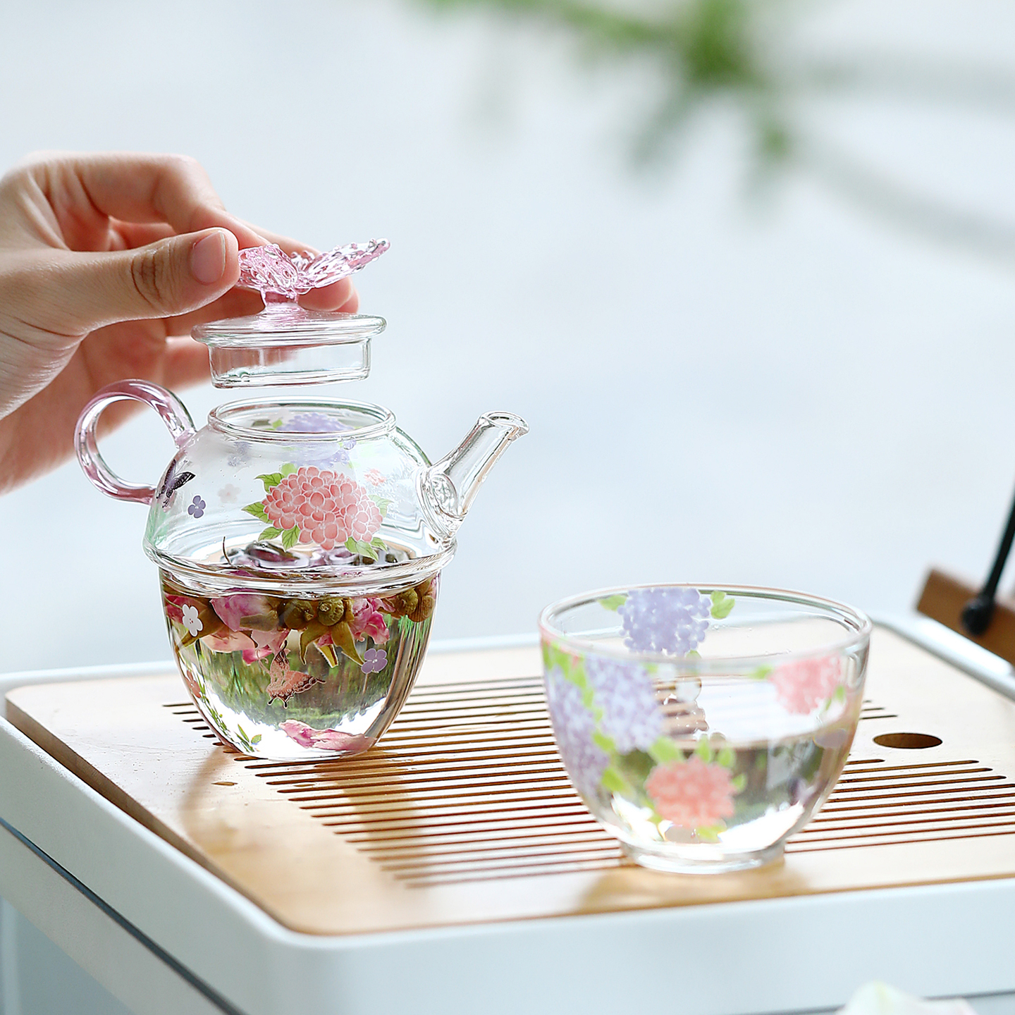 绣球花高温贴花耐热玻璃旅行茶具户外便携叠叠乐茶壶一人饮茶具