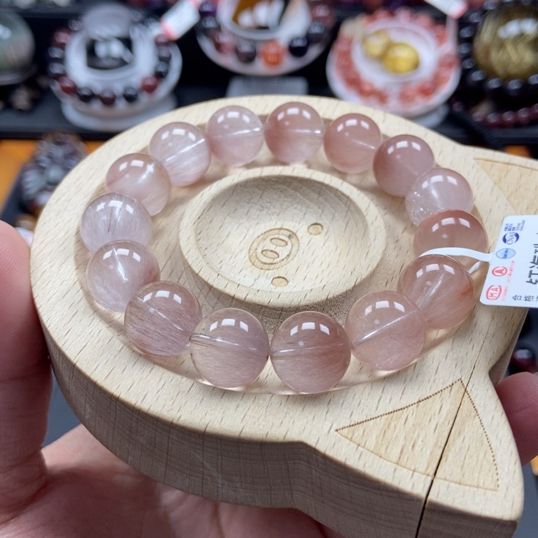 水晶粉兔毛手链13毫米未镶嵌