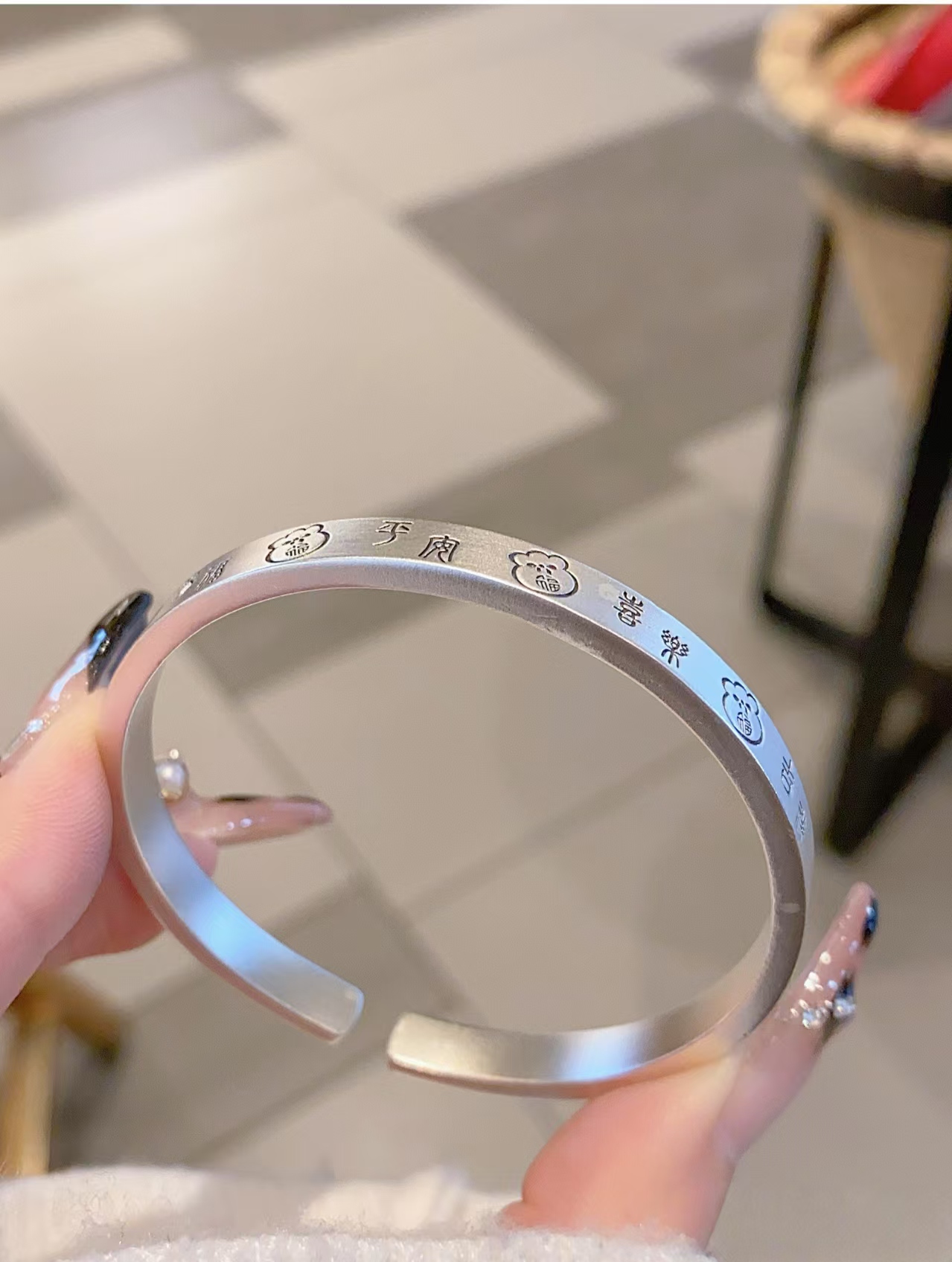 足银手镯 新款磨砂平安喜乐福袋手镯可调节镯子开口实心不掉色