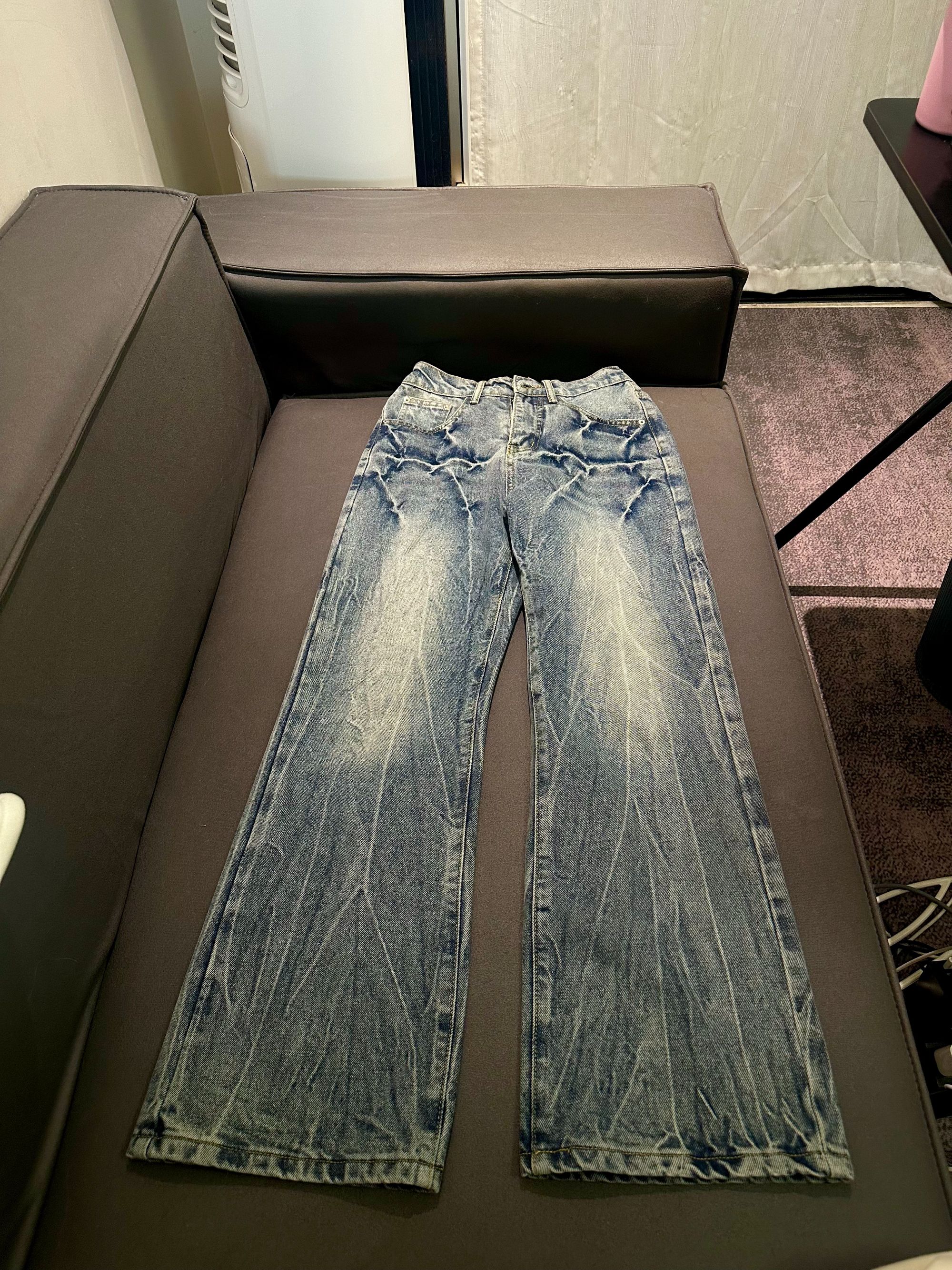 K35【栗丽子专属】 美式高街闪电爆裂纹蓝色牛仔裤直筒微喇松紧裤子