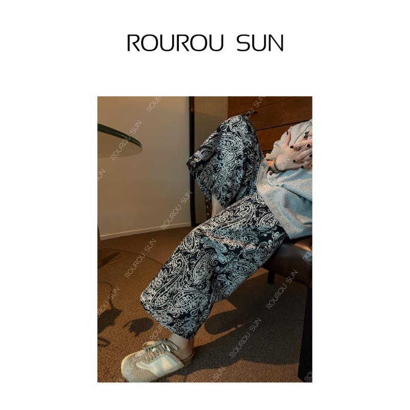 23261复古满印宽松直筒休闲裤女设计感慵懒腰果花长裤