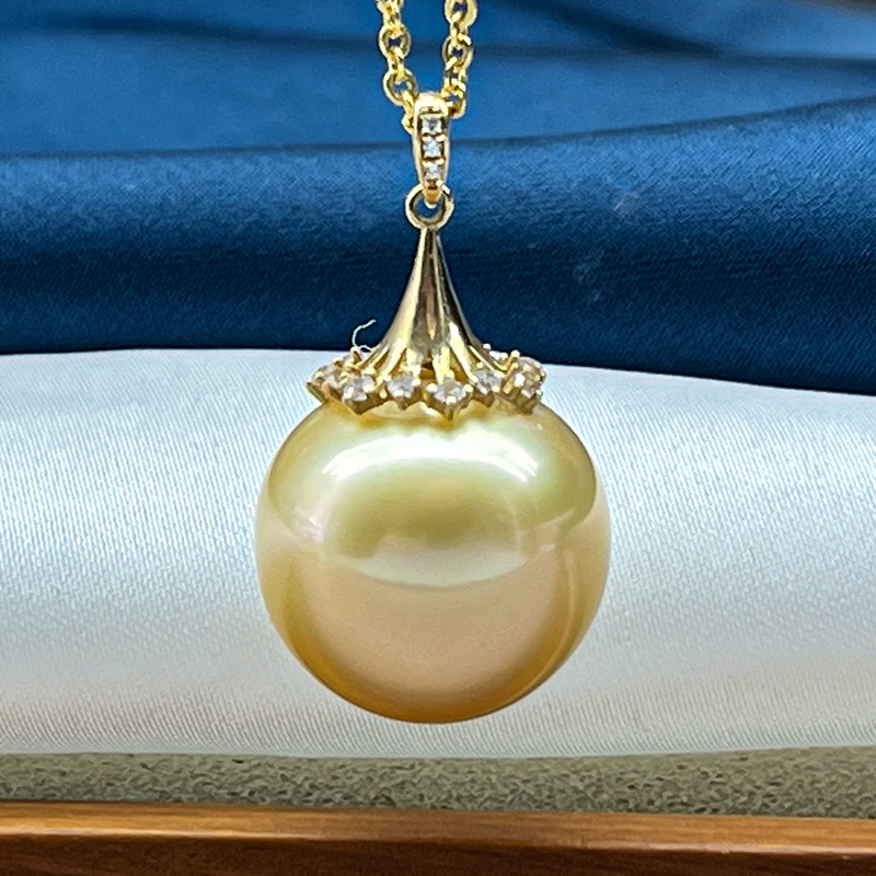 15.1mm孤品18k金香槟金色南洋金海水珍珠吊坠不含链䔧花头单颗