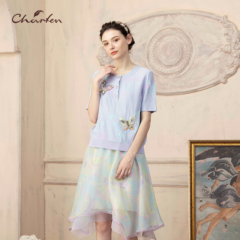 CHARFEN朝峰春夏中式淡紫兰毛织上衣CFD2F352-3080C