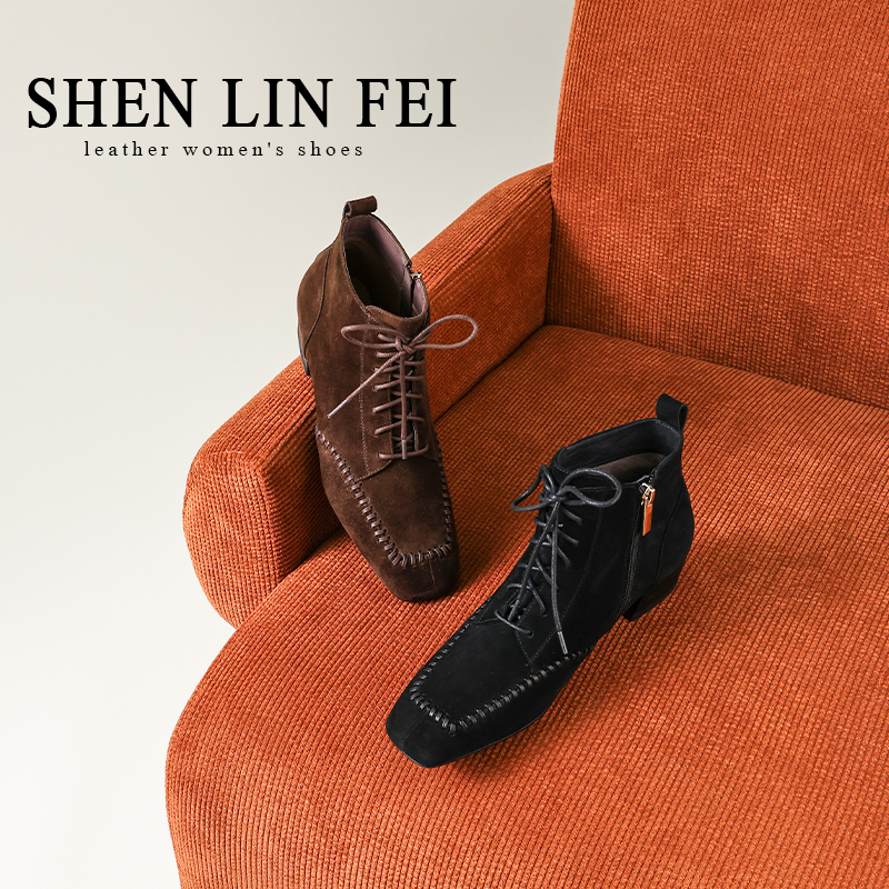 圣琳妃/羊皮/3cm短靴粗跟法式方头侧拉链时装单靴系带秋冬D20576