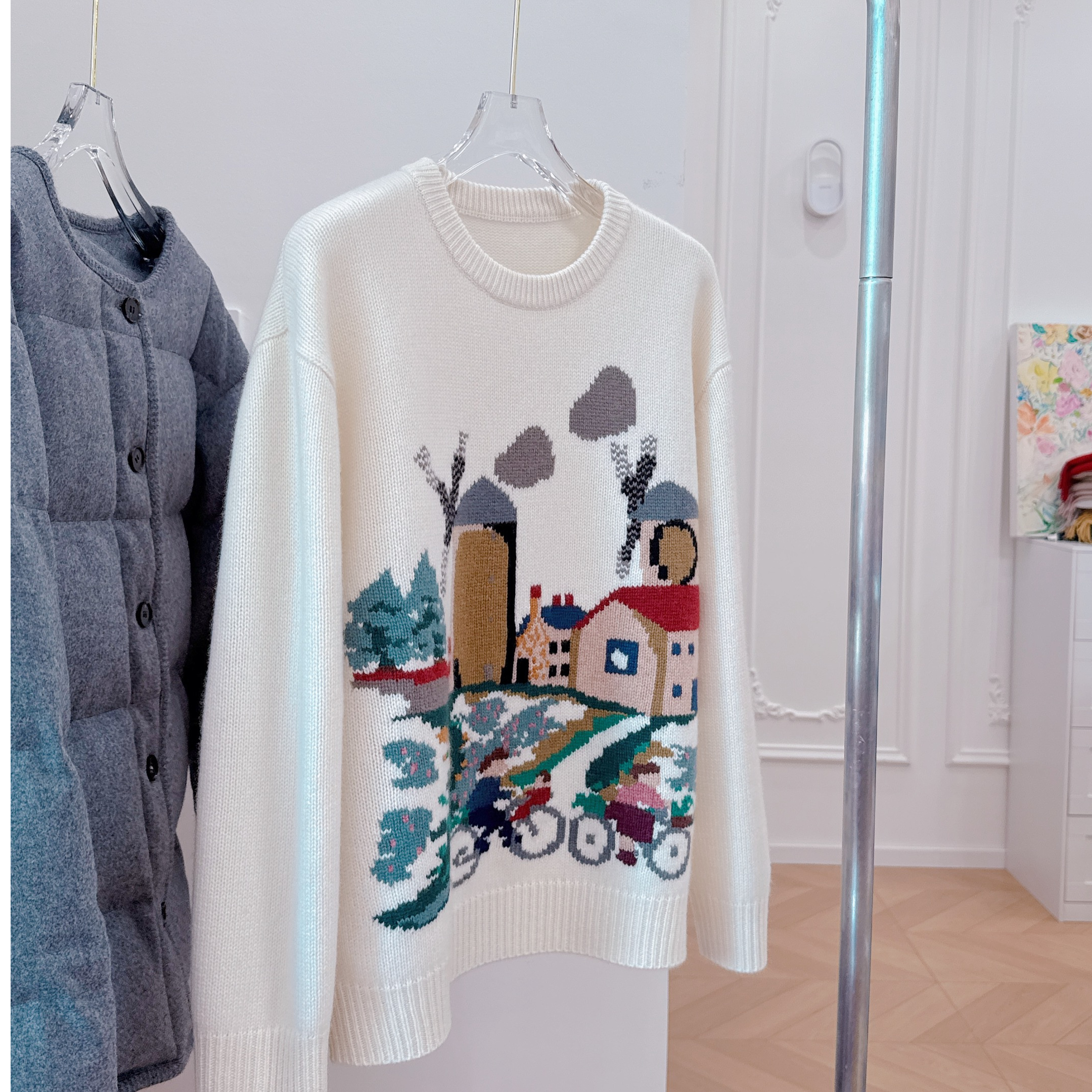 25新品手工可爱刺设计手工山羊绒气质刺图案毛衣超厚白色可爱