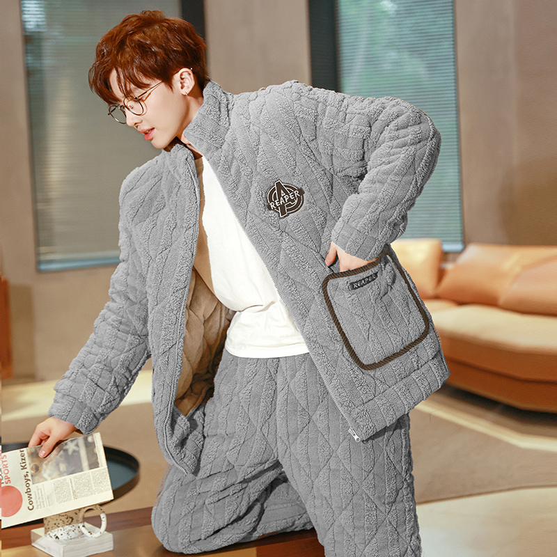 睡衣男士冬季三层夹棉加厚加绒保暖冬款珊瑚绒可外穿家居服套装