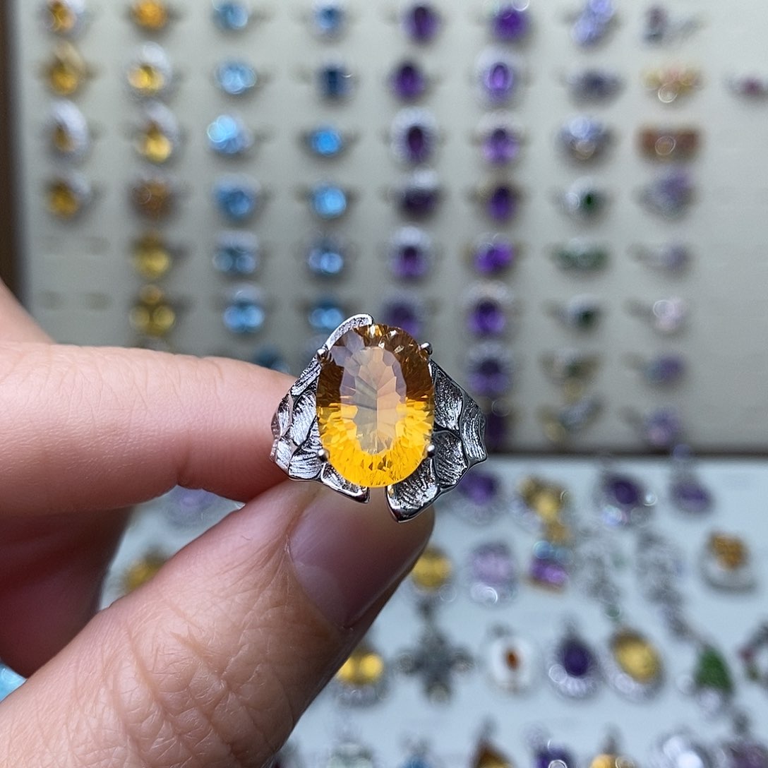 黄晶戒指银S925镶嵌一物一证