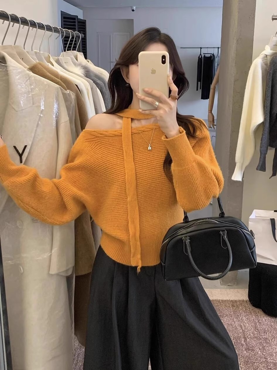 韩系氛围感穿搭一字肩毛衣针织衫女秋冬宽松慵懒风设计感露肩上衣
