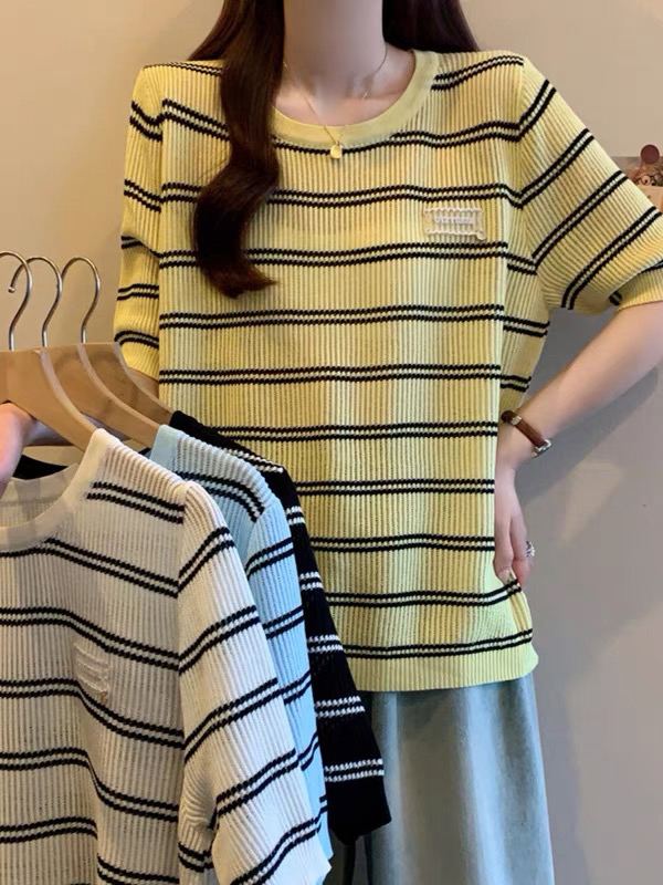 《鞋爱》圆领撞色条纹薄款针织衫女百搭款
