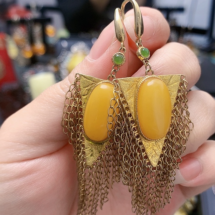 琥珀裸石银S925镶嵌耳坠