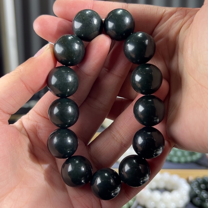 和田玉手串未镶嵌新疆塔青二细卡18圆珠