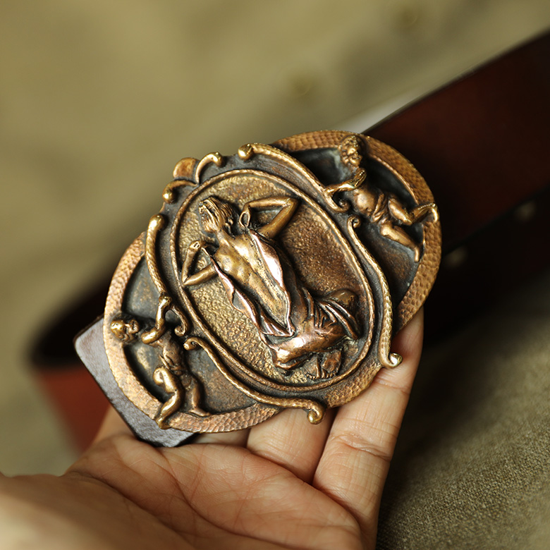 工匠老奴（手工黄铜扣人像+头层牛皮）男士牛仔复古真牛皮带腰带