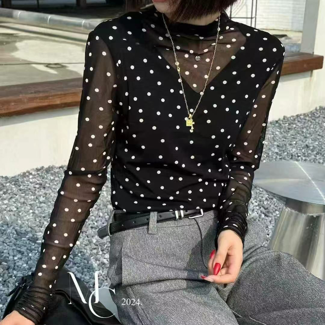 【BAI】秋季新款圆点印花高领长袖T恤女减龄上衣51162